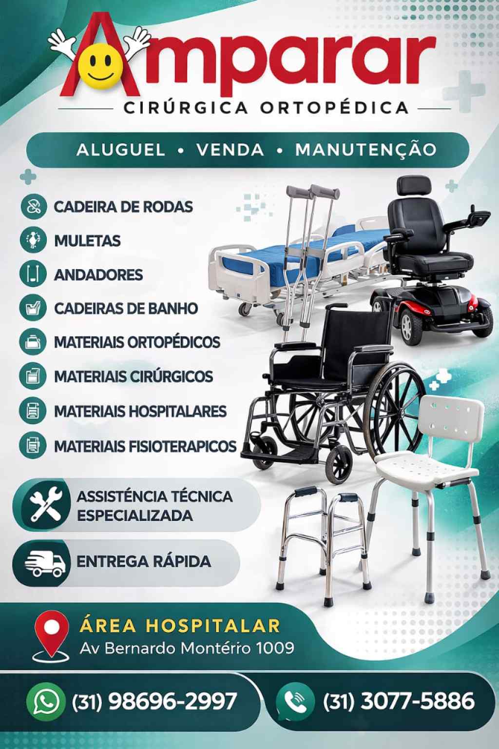 Amparar BH - Aluguel - andadores r$50,00 mensais / cadeira rodas a partir de r$80,00 até r$180,00 mensais / cadeira banho a partir de r$50,00 até r$75,00 mensais / cama 2 manivelas r$150,00 mensais / muleta r$45,00 mensais. - 